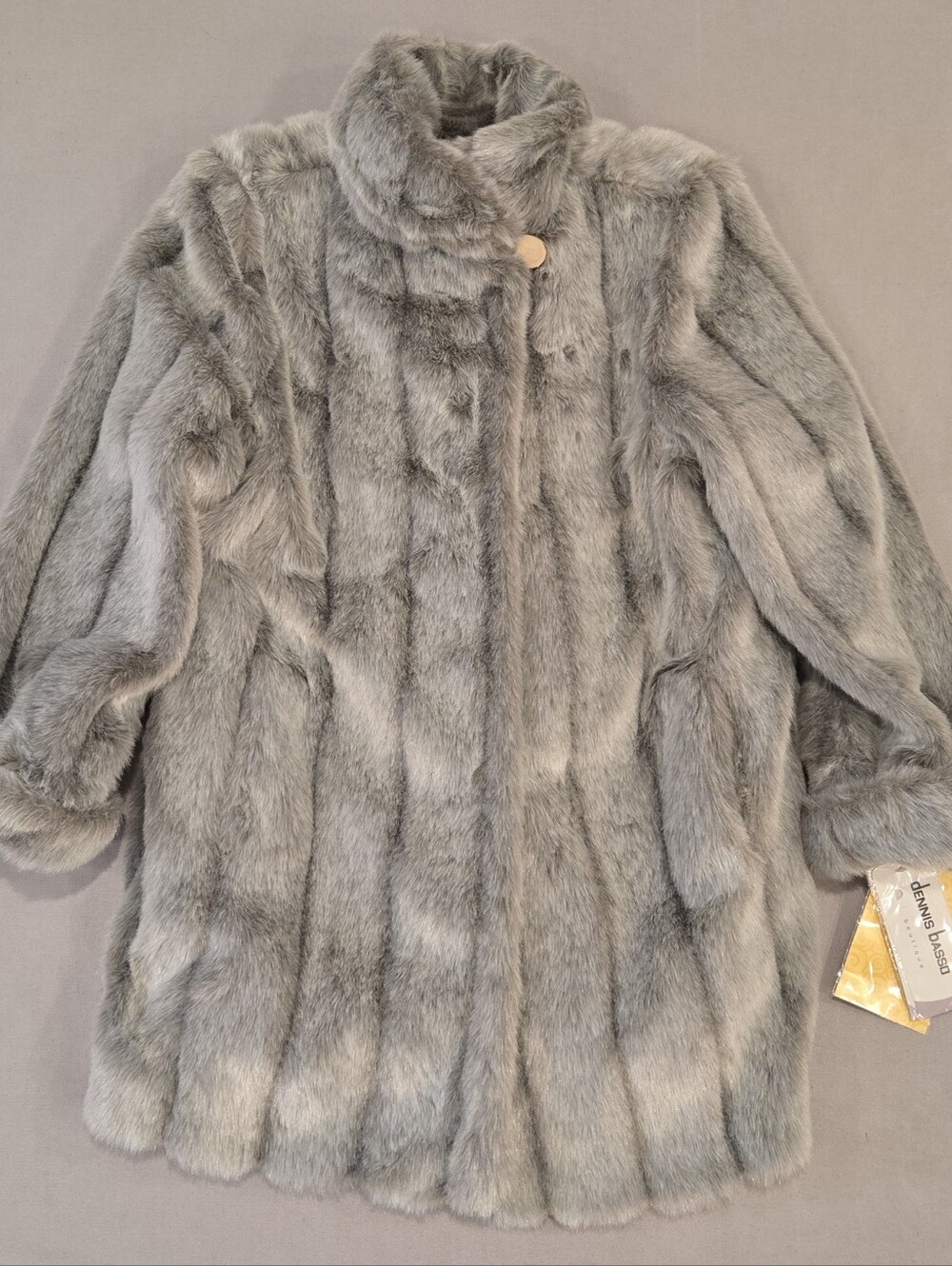 Dennis Basso Plush Silver-Gray Faux Fur Vertical Paneled Construction Coat